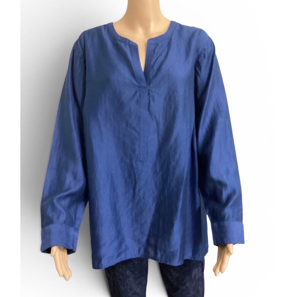 J. Jill‎ Tencel Split Neck Tunic Blouse Blue Shimmer Popover Long Sleeve  XL